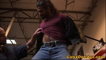 Bounded latino sub jerked by maledom